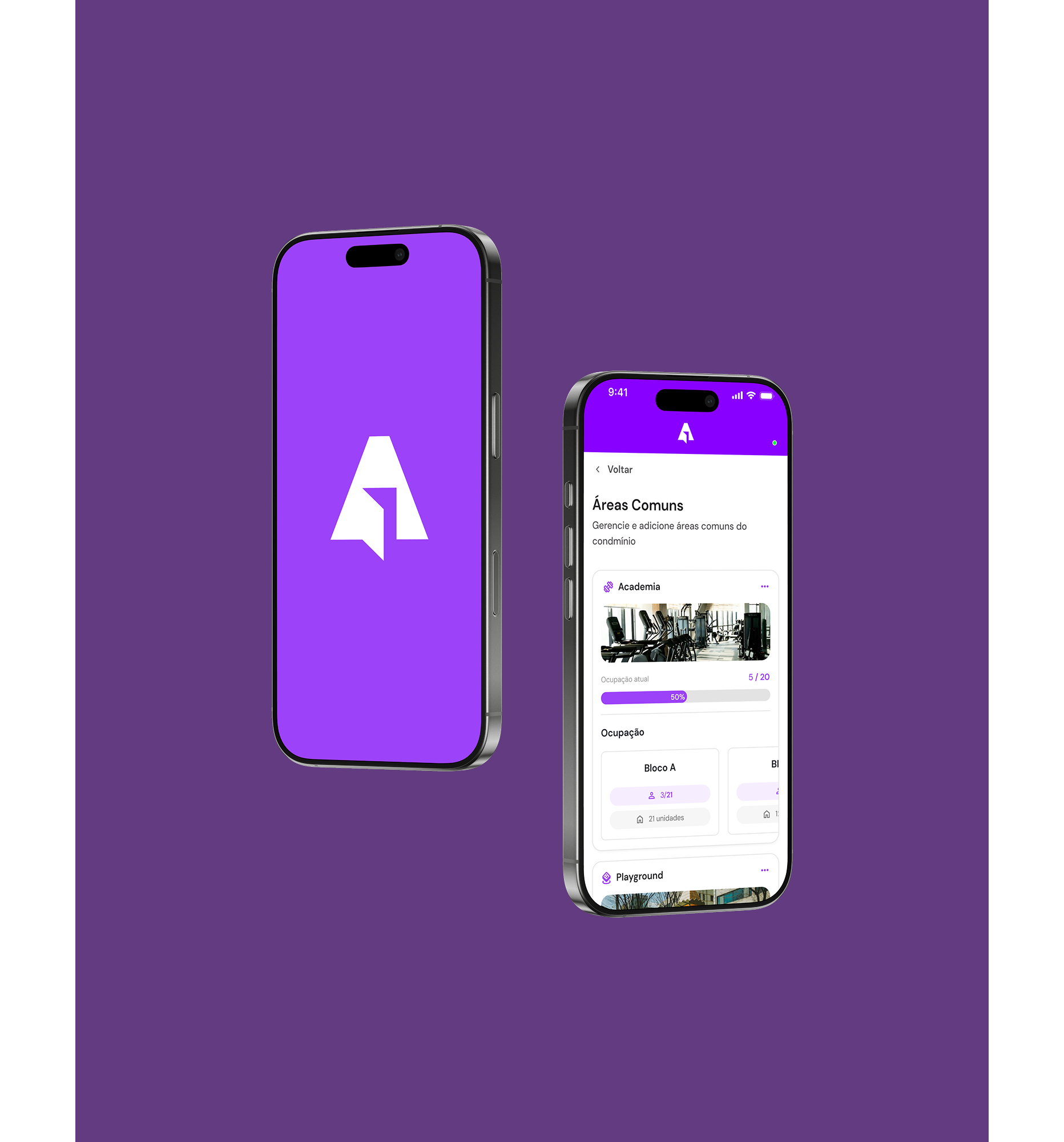 Two phones showing Acesse branding and shared-space management
