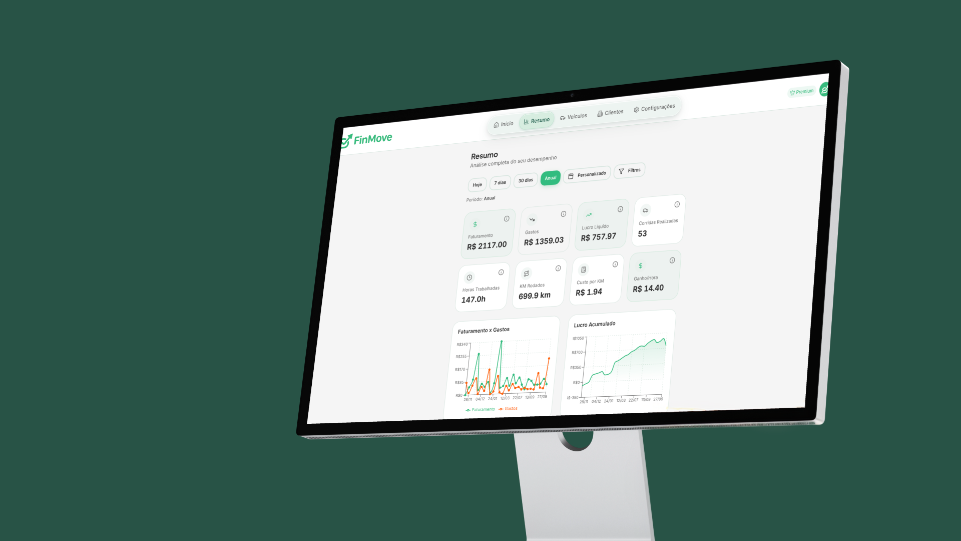 FinMove web dashboard with a financial overview and earnings charts