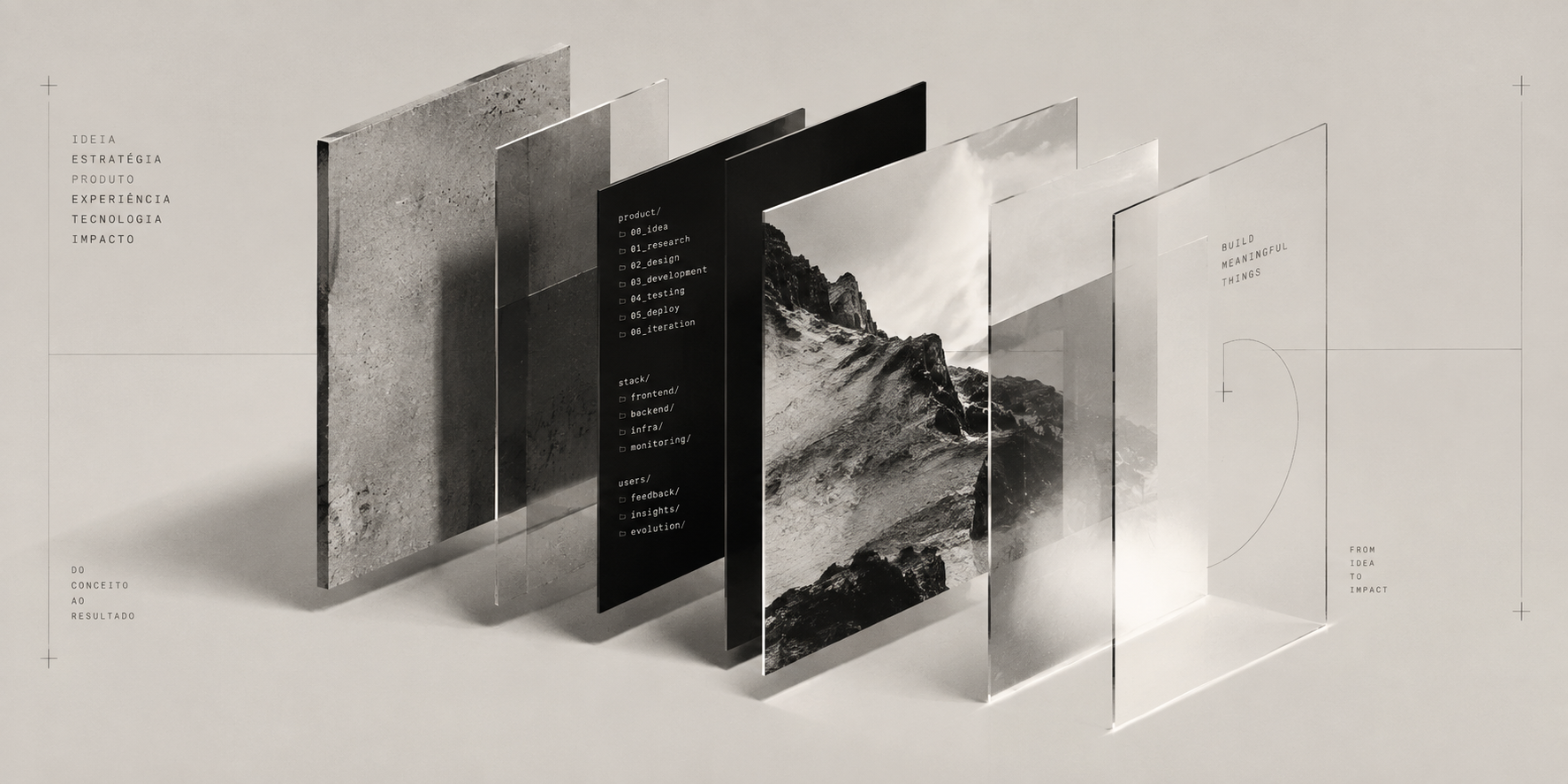 Layered composition connecting idea, strategy, product, experience, technology, and impact