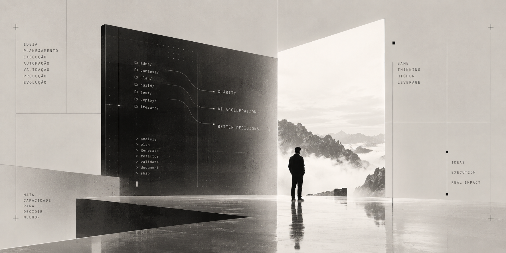 Layered composition connecting planning, AI-assisted execution, and clearer decisions with a mountain landscape